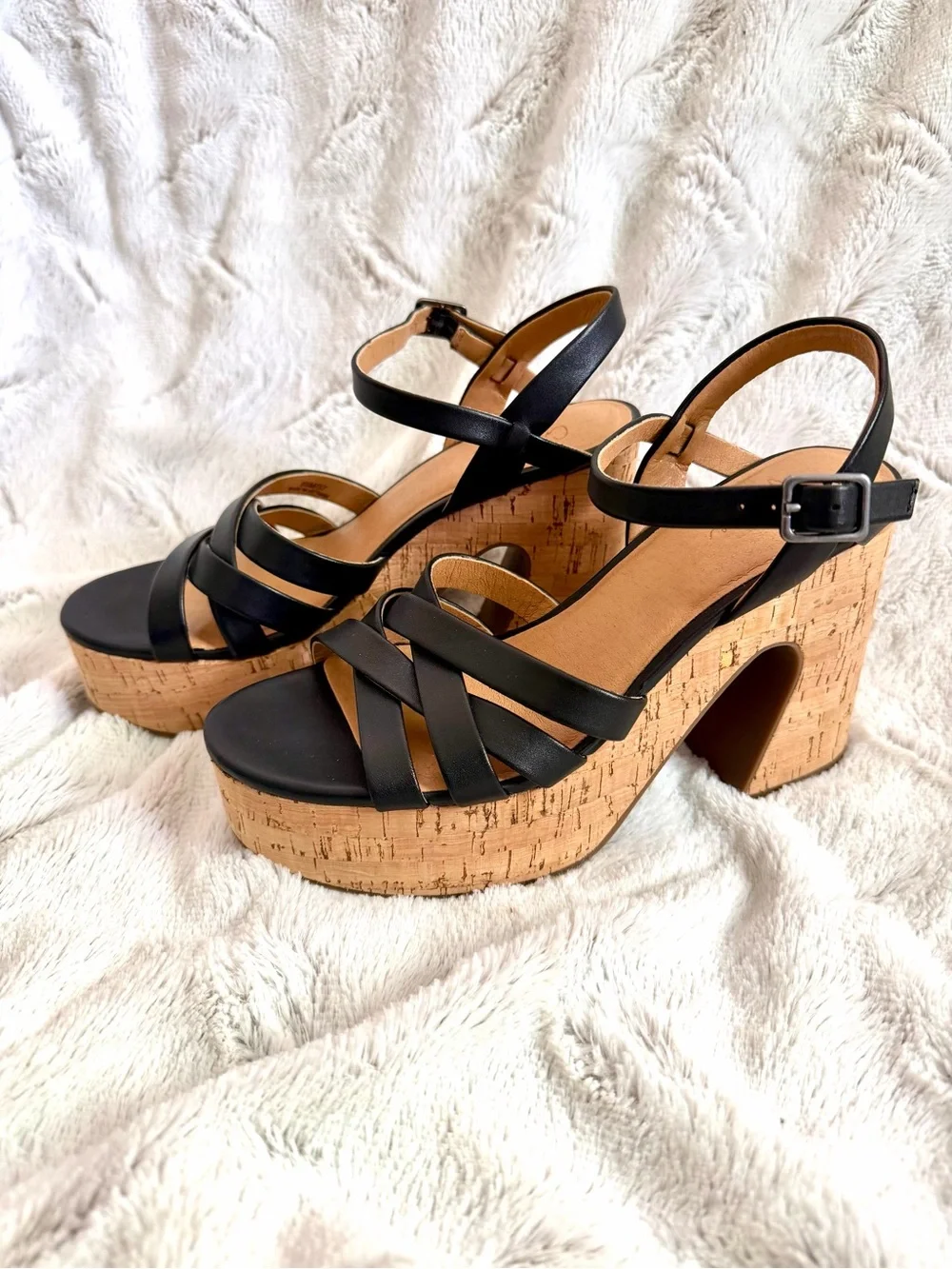 Crown Vintage Black Strappy Cork Platform Heels
